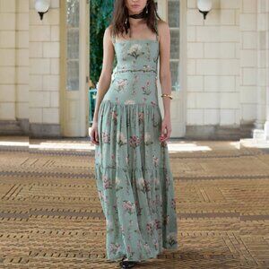 Agua by Agua Bendita Lima Orquidea Embroidered Green Floral Linen Maxi Dress